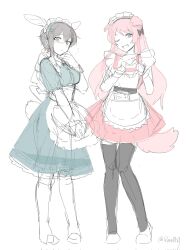 2girls bang_dream! bang_dream!_it&#039;s_mygo!!!!! blush chihaya_anon closed_mouth fang grey_eyes grey_hair guagua977 highres long_hair multiple_girls open_mouth pink_hair purple_eyes short_hair simple_background skirt takamatsu_tomori