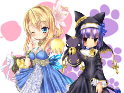 Rule 34 | 2girls, animal ear headwear, ankh, apple, bag, bastet lore, black dress, blonde hair, blue dress, blue eyes, blue hair, blue ribbon, braid, breasts, dress, emil chronicle online, fake animal ears, flower, food, frilled dress, frilled sleeves, frills, fruit, golden apple, hair flower, hair ornament, highres, holding, holding food, holding fruit, le fay lore, medium breasts, multiple girls, nun, one eye closed, puppet, ribbon, small breasts, yellow eyes