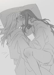 2girls bare_legs bare_shoulders blush commentary_request fingering fujino_shizuru greyscale guri_gom hand_on_another&#039;s_neck hickey highres japanese_clothes kimono korean_commentary kuga_natsuki long_hair monochrome multiple_girls my-hime off_shoulder parted_lips pussy_juice yuri