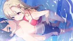 1boy 1girl bare_arms bare_legs barefoot bikini bikini_under_clothes black_hair black_male_swimwear blonde_hair blue_eyes breast_press breasts bulge cleavage closed_mouth collarbone earrings erection erection_under_clothes fang game_cg hair_between_eyes hair_ornament hairclip halterneck handjob handjob_over_clothes hetero highres jewelry koruri long_hair male_swimwear medium_breasts momiji_akira neko_to_wakai_seyo! partially_submerged red_eyes short_hair short_shorts shorts skin_fang smile standing swimsuit very_long_hair white_shorts yasaka_yuuki