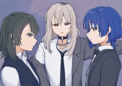 Rule 34 | 3girls, absurdres, bang dream!, bang dream! it&#039;s mygo!!!!!, black bow, black bowtie, black choker, black hair, black vest, blue eyes, blue hair, bocchi the rock!, bow, bowtie, choker, clenched teeth, commentary, genre connection, girls band cry, grey eyes, grey hair, grey jacket, hair ornament, hairclip, highres, instrument connection, jacket, kawaragi momoka, long hair, looking at viewer, medium hair, mole, mole under eye, multicolored hair, multiple girls, o-ring, o-ring choker, roots (hair), shirt, single off shoulder, symbol-only commentary, teeth, tenrouza ray, tongue, tongue out, upper body, vest, white shirt, yahata umiri, yamada ryo, yellow eyes