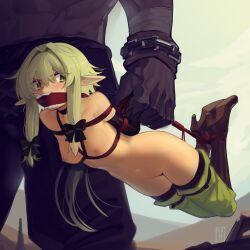 1girl absurdres angry bdsm bondage boots bound bow breasts brown_bow brown_footwear cad_(caddo) carrying carrying_person collarbone commission elf full_body gag goblin goblin_slayer! green_eyes green_hair hair_between_eyes hair_bow hair_intakes high_elf_archer_(goblin_slayer!) high_heels highres hogtie knee_boots long_hair luggage_bondage nipples nude pointy_ears pussy restrained second-party_source shibari sidelocks small_breasts solo_focus thighhighs