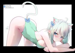 1girl ahoge animal_ear_fluff animal_ears artist_name ass bare_shoulders black_border blue_eyes bluesky_logo bluesky_username blush border bow breasts cat_ears cat_girl cat_tail closed_mouth green_hair green_leotard hair_bow hair_ornament highres indie_virtual_youtuber leotard looking_at_viewer medium_breasts mint_fantome outside_border pointy_ears short_hair sideboob signature simple_background smile solo strapless strapless_leotard syxh tail thighs top-down_bottom-up twitter_username twitter_x_logo virtual_youtuber white_background x_hair_ornament