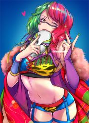 1girl asuka_(wrestler) blue_background breasts brown_eyes cleavage fur_collar green_eyes green_nails heart highres holding holding_mask kabuki lipstick looking_at_viewer makeup mask meowyin multicolored_hair nail_polish navel one_eye_closed pink_hair teeth v wwe