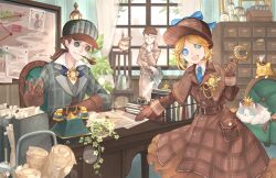 1girl 2boys :d antique_phone armchair bandages bandages_over_eyes beckoning belt belt_buckle bird blonde_hair blue_bow blue_bowtie blue_eyes blue_necktie book book_stack bow bowtie box brooch brown_belt brown_capelet brown_coat brown_gloves brown_hair brown_skirt buckle bulletin_board button_eyes buttons cabinet capelet cardboard_box cat chair closed_mouth coat collared_shirt cowboy_shot curtains deerstalker detective eli_clark eli_clark_(recluse) emma_woods emma_woods_(lady_truth) facial_mark file_cabinet folder freckles gloves grey_headwear grey_jacket grey_vest hand_on_own_chin hat highres holding holding_magnifying_glass holding_newspaper identity_v indoors inkwell ivy jacket jar jewelry lapels lens_flare letter long_sleeves looking_at_viewer low_ponytail magnifying_glass map medium_hair monocle multiple_boys naib_subedar naib_subedar_(mr._inference) necktie nejimaki_oz newspaper notched_lapels official_alternate_costume open_mouth outstretched_arm owl paper parted_bangs phone plaid_capelet plaid_clothes plaid_coat plaid_headwear plaid_jacket plant ponytail popped_collar quill rotary_phone scroll shirt short_hair sidelocks sitting skirt smile smoking smoking_pipe standing table teeth trench_coat upper_body upper_teeth_only vase vest watering_can white_gloves white_shirt window