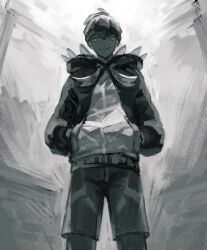 1boy closed_mouth commentary_request dark-skinned_male dark_skin dot_nose earrings feet_out_of_frame greyscale hands_in_pockets headband highres hood hood_down hoodie jewelry long_sleeves looking_down male_focus monochrome nintendo piercing pokemon pokemon_swsh raihan_(pokemon) short_hair shorts smile solo standing stud_earrings yutteri