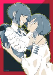 2girls backpack bag blue_eyes blue_hair border closed_eyes collared_shirt commentary_request crying face-to-face frilled_shirt frilled_sleeves frills fukurai_azami hands_on_another&#039;s_face highres hug kisaragi_ayumi long_sleeves looking_at_another multiple_girls nogizi open_mouth outline profile red_border shirt short_hair smile spoilers tears toshi_densetsu_kaitai_center triangle_necklace upper_body yellow_outline
