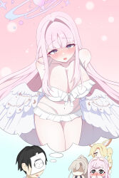 Rule 34 | 1boy, 2girls, absurdres, angel, angel wings, bare shoulders, bikini, black hair, blue archive, blush, breasts, feathered wings, frills, hair intakes, halo, highres, k0gure, large breasts, long hair, looking at viewer, mika (blue archive), mika (swimsuit) (blue archive), multiple girls, nagisa (blue archive), nagisa (swimsuit) (blue archive), navel, pink hair, seia (blue archive), sensei (blue archive), swimsuit, tea party (blue archive), very long hair, white wings, wings