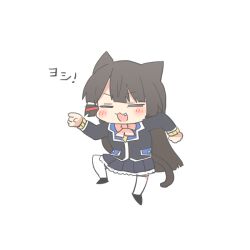1girl :3 :d animal_ears black_hair black_jacket black_shoes black_skirt blazer blush_stickers bow brown_sweater cat_ears cat_girl cat_tail chibi closed_eyes fang full_body genba_neko_(meme) hair_ornament hairclip jacket kemonomimi_mode long_hair long_sleeves meme nijisanji open_mouth pink_bow pleated_skirt pointing rebecca_(keinelove) school_uniform shoes skirt smile solo sweater tail thighhighs tsukino_mito tsukino_mito_(1st_costume) very_long_hair virtual_youtuber white_thighhighs