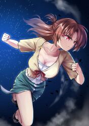 Rule 34 | &gt;:(, 1girl, aqua skirt, black bow, black shoes, blue background, bow, breasts, brown hair, cleavage, clenched hands, closed mouth, collarbone, commentary, dutch angle, empty x embryo, fighting stance, floating hair, footwear bow, foreshortening, frilled shirt, frills, full body, glowing, glowing eyes, hair between eyes, highres, hood, hood up, jewelry, key, key necklace, large breasts, long hair, looking ahead, medium skirt, necklace, nose, ponytail, red bow, red eyes, serious, sesen2000, shiramine saya, shirt, shoes, short ponytail, short sleeves, sidelocks, simple background, skirt, solo, split mouth, v-shaped eyebrows, white shirt, yellow shirt