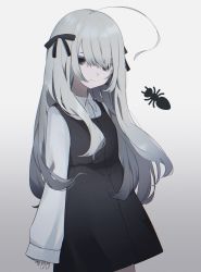 1girl ahoge animal_print ant arms_at_sides black_dress black_ribbon bug check_copyright closed_mouth collared_shirt commentary_request copyright_request cowboy_shot dress dress_shirt expressionless gradient_background grey_background grey_eyes hair_between_eyes hair_ribbon highres huge_ahoge insect limited_palette long_hair long_sleeves looking_at_viewer migihidari_(puwako) nail_polish original ribbon shirt sleeveless sleeveless_dress sleeves_past_wrists solo white_nails white_shirt