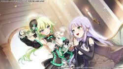 2girls :d ahoge amano_soraha aqua_bow aqua_eyes aqua_flower arch arm_up assault_lily banshouya_ena bare_shoulders black_cape black_collar black_hat black_shirt black_skirt blonde_hair blunt_bangs blunt_ends blush bow breasts candle candlestand cape closed_mouth clothing_cutout collar commentary_request copyright_notice couch cross-laced_clothes cross-laced_cutout cup decantering detached_collar dutch_angle floating_hair flower frilled_collar frilled_shirt frilled_sleeves frills hair_between_eyes hand_up hands_up hat hat_bow hat_flower holding holding_saucer holding_teapot indoors jewelry kirisaki_ramiru light_particles long_hair long_sleeves looking_at_another looking_at_object looking_down looking_up low-tied_sidelocks low_ponytail maid medium_breasts mini_hat multiple_girls navel official_alternate_costume official_art on_couch open_mouth own_hands_together palms_together pleated_skirt ponytail purple_eyes purple_hair ring saucer school_uniform shirt sidelocks sitting skirt sleeveless sleeveless_shirt sleeves_past_wrists smile sparkle standing stomach_cutout tea teacup teapot teeth tilted_headwear two-tone_shirt two-tone_skirt underbust upper_teeth_only white_flower white_shirt white_skirt yurigaoka_girls_academy_school_uniform