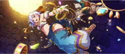 Rule 34 | 1boy, 1girl, aqua pants, aqua veil, arm up, armpits, bangle, bare shoulders, blonde hair, blue loincloth, bracelet, breasts, choker, chris (konosuba), detached sleeves, dust (konosuba), earrings, facial scar, falling, from below, game cg, gold, gold trim, gradient clothes, gradient pants, grey hair, harem outfit, harem pants, headband, highres, jewelry, kono subarashii sekai ni shukufuku wo!, konosuba! fantastic days, loincloth, midriff, navel, necklace, official alternate costume, official art, open mouth, pants, pendant, puffy detached sleeves, puffy sleeves, purple eyes, red headband, sandals, scar, scar on cheek, scar on face, short hair, short sleeves, side ahoge, sidelocks, small breasts, stomach, strapless, tube top, veil, white pants, white tube top