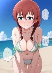 1girl absurdres beach bikini blue_eyes blue_sky blush braid breasts brown_hair cleavage cloud commentary_request day embarrassed emma_verde faceless faceless_male freckles frilled_bikini frills green_bikini highres hoenn_(jgm1102) horizon large_breasts leaning_forward long_hair love_live! love_live!_nijigasaki_high_school_idol_club nose_blush ocean outdoors sideways_glance sky solo swimsuit translation_request twin_braids