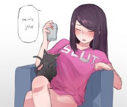 1girl ajiitou animal armchair black_cat blush can cat chair closed_eyes clothes_writing crossed_legs drink_can english_text feet_out_of_frame highres holding holding_can jill_stingray long_hair open_mouth pink_shirt purple_hair shirt short_sleeves sidelocks simple_background sketch solo speech_bubble t-shirt va-11_hall-a white_background