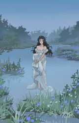 1girl black_hair blue_eyes breasts cleavage clothes_grab dress dress_grab flower foliage highres jojo_no_kimyou_na_bouken lake moonnacorn off-shoulder_dress off_shoulder sherry_polnareff tagme tree white_dress