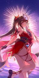 1girl absurdres aerial_fireworks bell dress fireworks flower_tattoo fox_mask gloves highres honkai:_star_rail honkai_(series) mark_under_both_eyes mask mask_on_head neck_bell one_eye_closed red_dress single_glove solo sparkle_(honkai:_star_rail) tattoo yulha_06