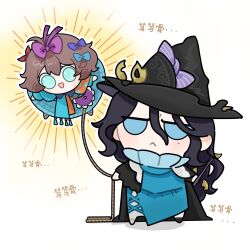 2girls :&lt; :d black_cape black_hair black_hat blue_bow blue_dress blue_eyes blue_scarf bow brown_hair cape character_name chibi dress floating flutterpage full_body hair_between_eyes hair_bow hat highres holding holding_rope holding_wand long_hair looking_at_viewer mole mole_under_eye multiple_girls multiple_hair_bows open_mouth orange_scarf purple_bow qiucaotou reverse:1999 rope scarf smile standing sunburst two-tone_scarf wand white_background willow_(reverse:1999) witch_hat