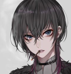 1girl black_choker black_hair blue_eyes choker cigarette colored_tips commentary_request cross cross_earrings ear_piercing earrings hair_between_eyes highres inverted_cross jewelry looking_at_viewer medium_hair mouth_hold multicolored_hair multiple_earrings original parted_lips piercing portrait saijou_yurika smoking solo wolf_cut