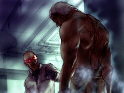 Rule 34 | 2boys, bald, black gloves, black undershirt, bryan fury, dr.abel (tekken), from behind, game cg, glasses, gloves, kawano takuji, lab coat, male focus, multiple boys, muscular, muscular male, official art, old, old man, open mouth, scientist, short hair, snake print, steaming body, surprised, tekken, tekken 4, topless male, white hair, zipper