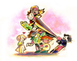 3boys 3girls arrowette bart_allen cape cassandra_sandsmark child climb cling dc_comics glasses gloves goggles greta_hayes hug impulse kon-el multiple_boys multiple_girls pixiv_sample pull resized robin_(dc) secret_(dc) superboy superhero_costume tim_drake wonder_girl young_justice