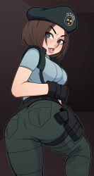 1girl ass bad_id bad_tumblr_id beret black_background black_gloves blue_hat blue_shirt brown_hair gloves hat highres jill_valentine pants pynkblud resident_evil resident_evil_1 shirt short_hair shoulder_pads simple_background