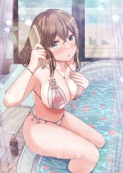 1girl bathtub beach bikini blush bottle breast_suppress breasts brown_hair brushing_hair cleavage commentary_request covered_erect_nipples curtains fushimi_asuha glass_door grey_eyes hair_brush highres holding holding_hair_brush indoors jewelry large_breasts long_hair navel necklace nipples nose_blush original parted_lips petals petals_on_liquid pink_petals see-through_bikini see-through_clothes side-tie_bikini_bottom sliding_doors soaking_feet solo stomach string_bikini swimsuit