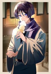 1boy alternate_costume aqua_kimono aqua_sleeves black_hair black_sash blunt_ends border eating eyeliner eyeshadow fingernails flying_sweatdrops food food_stand genshin_impact hair_intakes highres holding holding_skewer japanese_clothes kimono light_blush long_sleeves makeup male_focus nero_hanken offering_hand open_hand purple_eyes purple_scarf reaching reaching_towards_viewer red_eyeliner red_eyeshadow sash scaramouche_(genshin_impact) scarf sidelighting skewer solo teeth upper_body upper_teeth_only watermark white_border wide_sleeves yatai