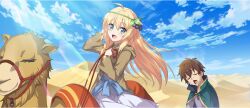 1boy 1girl :d ahoge blonde_hair blue_eyes blue_sky braid brown_hair camel cape cloud cloudy_sky day desert dress exhausted food-themed_hair_ornament game_cg grape_hair_ornament green_cape green_hairband hair_between_eyes hair_ornament hairband hand_in_own_hair head_tilt highres iris_(konosuba) kono_subarashii_sekai_ni_shukufuku_wo! konosuba!_fantastic_days long_dress long_hair long_sleeves looking_at_viewer official_art open_mouth outdoors sand satou_kazuma shirt short_hair side_braid sidelocks sky smile sparkle sunlight sweat white_dress white_shirt wispy_bangs