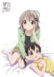 2019 2girls bare_arms bare_legs bare_shoulders bed_sheet black_hair black_shirt blush breasts brown_skirt dated feet green_eyes green_jacket grey_hair hair_ornament hairclip hand_on_own_chest highres jacket kohshibasaki kuraue_hinata looking_at_viewer lying lying_on_person medium_hair miniskirt multiple_girls purple_eyes shirt short_hair short_twintails signature sitting skirt small_breasts socks striped_clothes striped_shirt thighs twintails yama_no_susume yellow_shirt yukimura_aoi