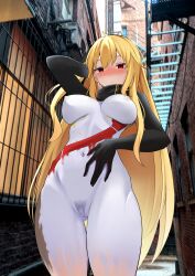 1girl absurdres alternate_hairstyle arm_up blonde_hair blush bodypaint breasts brick_wall censored closed_mouth false_clothes female_pubic_hair gluteal_fold hand_on_own_stomach highres hololive hololive_indonesia kaela_kovalskia kaela_kovalskia_(1st_costume) long_hair looking_at_viewer medium_breasts mosaic_censoring naked_paint navel nipples nude outdoors painted_clothes pubic_hair public_indecency pussy raikkonen red_eyes solo standing thigh_gap very_long_hair virtual_youtuber window