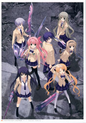 1boy 6+girls :o absurdres ahoge antenna_hair aoi_sena arms_behind_back back-to-back black_hairband black_pantyhose black_shoes black_socks blazer blonde_hair blue_hair blue_skirt bow bowtie breasts brother_and_sister brown_jacket brown_shoes buttons chaos;head collarbone collared_shirt concrete crack cracked_floor d-sword debris determined ears_visible_through_hair everyone frilled_skirt frills from_above from_side frown full_body glasses green_eyes green_hair grey_eyes hair_between_eyes hair_bow hair_ornament hairband hairpin highres holding holding_sword holding_weapon jacket kishimoto_ayase kneehighs kusunoki_yua lapels leaning_forward loafers long_hair long_sidelocks long_skirt looking_at_viewer looking_down looking_to_the_side looking_up medium_breasts miniskirt multiple_girls multiple_hair_bows narrow_hips narrowed_eyes necktie nishijou_nanami nishijou_takumi non-web_source notched_lapels official_art one_eye_closed open_clothes open_collar open_jacket open_mouth orihara_kozue pants pantyhose petticoat pink_bow pink_hair plaid_bow plaid_bowtie plaid_clothes plaid_necktie plaid_pants plaid_skirt purple_eyes purple_hair red_eyes round_eyewear sakihata_rimi salute sasaki_mutsumi school_uniform shirt shoelaces shoes siblings side_ponytail sidelocks skirt small_breasts smile socks standing suimei_school_uniform sword thighhighs thighs tongue twintails v_arms wavy_hair weapon white_petticoat white_thighhighs yellow_eyes