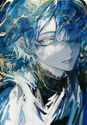 1boy absurdres bead_necklace beads black_shirt blending blue_background blue_eyes blue_hair blue_theme colored_skin commentary dappled_sunlight earrings floating_earrings grey_skin hair_over_one_eye high_collar highres impressionism jacket jewelry lace-trimmed_collar lace_trim light_frown looking_at_viewer male_focus necklace oo6 original revision shirt short_hair solo sparkle sparkling_eyes starry_night_(van_gogh) sunlight symbol-only_commentary white_jacket