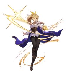 1girl :d artist_request black_pants blonde_hair blue_cape boots breasts brown_boots cape collared_shirt corset game_cg goddess_order green_eyes hair_ribbon highres holding holding_sword holding_weapon light_trail lisbeth_leonhart long_sleeves looking_at_viewer medium_breasts neck_ribbon non-web_source official_art open_mouth pants ponytail rapier red_ribbon ribbon shirt sidelocks smile solo sparkle standing standing_on_one_leg sword tachi-e weapon wing_collar yellow_ribbon