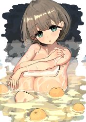 1girl absurdres aqua_eyes bathing bfmelu breasts commission completely_nude food fruit grey_hair highres huge_breasts looking_at_viewer nude open_mouth orange_(fruit) original short_hair sitting skeb_commission solo