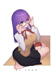 1boy 1girl barefoot black_skirt breasts commentary emiya_shirou english_commentary fate/stay_night fate_(series) glasses highres large_breasts long_hair looking_at_viewer matou_sakura purple_eyes purple_hair red_hair school_uniform signature skirt smile suhyeon
