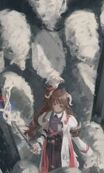 1girl absurdres ahoge arknights brown_hair coat eyjafjalla_(arknights) eyjafjalla_the_hvit_aska_(arknights) grey_horns hair_ornament high_side_ponytail highres holding holding_staff horns jacket long_hair looking_at_animal purple_shirt red_eyes sheep sheep_girl shirt skirt smile staff ujin_holo white_coat