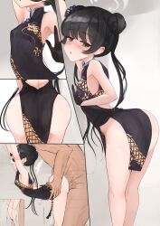 1boy 1girl 5koma absurdres against_wall amedibi armpits arms_up ass bare_hips bare_legs bare_shoulders bent_over black_dress black_gloves black_hair black_nails blue_archive blush breasts china_dress chinese_clothes clothes_lift comic hanging_legs dot_nose double_bun dress dress_lift embarrassed eyebrows eyelashes feet_out_of_frame from_behind from_side gloves grey_background grey_eyes hair_bun halo hands_on_another&#039;s_hips hetero highres huge_filesize kisaki_(blue_archive) loli long_hair looking_at_viewer looking_to_the_side lower_body multiple_views nail_polish open_mouth pelvic_curtain sex sex_from_behind silent_comic simple_background sleeveless sleeveless_dress small_breasts toenail_polish toenails toes twintails white_halo