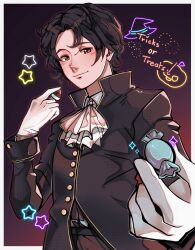1boy alternate_costume baxter_ward black_coat black_hair border brown_eyes buttons candy coat collared_shirt doodle_inset fireworks food frills gloves hat high_collar highres holding holding_candy holding_food looking_at_viewer male_focus meme neon_lights our_life:_beginnings_and_always out_here_living_my_best_life_(meme) outside_border promotional_art shirt short_hair smile solo sparkle sparkling_eyes star_(symbol) trick_or_treat upper_body whilo_art white_border white_gloves white_shirt witch_hat