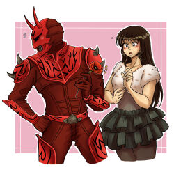 Rule 34 | 1boy, 1girl, armor, blush, brown hair, flower, giving flower, hana (kamen rider den-o), hand on own hip, kamen rider, kamen rider den-o (series), long hair, looking away from partner, momotaros, monster, monster boy, nervous sweating, oni, oni horn, poppy (flower), raedoodles, red armor, sweat, tsundere