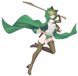 1girl alpha_transparency blue_eyes boots breasts brown_boots brown_gloves buruma cape commentary counter:side dungeon_ni_deai_wo_motomeru_no_wa_machigatteiru_darou_ka elbow_gloves english_commentary floating_cape full_body gloves green_buruma green_cape green_hair hair_between_eyes hand_up high_heel_boots high_heels holding holding_sword holding_weapon hood hood_up hooded_cape kodachi leg_up looking_at_viewer medium_hair official_art ryu_lion sheath sheathed short_sword simple_background solo standing sword tachi-e tank_top thigh_boots transparent_background weapon white_tank_top wooden_sword