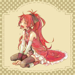 10s 1girl boots bow den detached_sleeves female_focus hair_bow hair_ornament hair_ribbon long_hair magical_girl mahou_shoujo_madoka_magica mahou_shoujo_madoka_magica_(anime) ponytail red_hair ribbon sakura_kyoko sakura_kyoko_(magical_girl) solo tears thighhighs zettai_ryouiki
