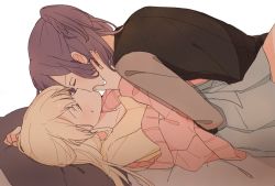 2girls bang_dream! black_vest blow blue_skirt closed_eyes grey_shirt half_updo hand_on_another&#039;s_cheek hand_on_another&#039;s_face hug jacket kiss long_sleeves lying multiple_girls on_back on_stomach pillow pink_jacket purple_hair seri_(vyrlw) seta_kaoru shirasagi_chisato shirt skirt sweatdrop vest white_background yellow_shirt yuri