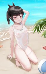 1girl absurdres arm_behind_head ball bare_shoulders beach beachball black_hair blush breasts brown_hair collarbone covered_navel goddess_of_victory:_nikke gradient_hair highleg highleg_one-piece_swimsuit highres kneeling multicolored_hair nipples ocean one-piece_swimsuit ponytail red_eyes sand short_ponytail skindentation small_breasts solo starfish swimsuit thigh_strap water wavy_mouth wet white_one-piece_swimsuit yomining zwei_(nikke)
