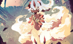 1girl body_fur claws dark-skinned_female dark_skin empty_eyes facing_viewer faputa goggles_around_breasts hair_between_eyes haruka_(akurahiharuka) highres horns knees_out_of_frame made_in_abyss monster_girl navel no_pupils red_claws solo standing tail very_dark_skin white_fur white_hair