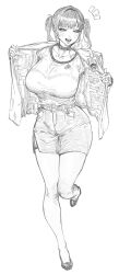 1girl black_hair blush breasts choker curvy fangs full_body goddess_of_victory:_nikke greyscale half-closed_eyes highres id_card indinu jacket large_breasts looking_at_viewer monochrome notice_lines open_clothes open_jacket open_mouth opened_by_self side_slit skirt smile solo sora_(nikke) standing standing_on_one_leg twintails white_background