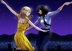 2girls akutagawa_joo andou_(girls_und_panzer) belt black_belt black_footwear black_hair black_neckwear black_pants blonde_hair blue_eyes blue_sky brown_eyes city_lights commentary_request couple crossdressing dancing dark-skinned_female dark_skin dress dress_shirt eyelashes from_side girls_und_panzer highres la_la_land long_dress looking_at_another loose_necktie medium_hair messy_hair multiple_girls necktie night night_sky open_mouth oshida_(girls_und_panzer) pants print_dress shirt shoes sky sleeveless sleeveless_dress smile white_shirt wing_collar yellow_dress yuri