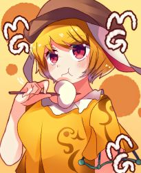 1girl :t animal_ears bad_id bad_twitter_id blonde_hair blush breasts brown_hat cabbie_hat closed_mouth crossed_legs dango eating flat_cap floppy_ears food hat highres kine mallet medium_breasts meimei_(meimei89008309) mg_mg moon_rabbit orange_shirt rabbit_ears red_eyes ringo_(touhou) shirt short_hair shorts touhou upper_body wagashi yellow_shirt