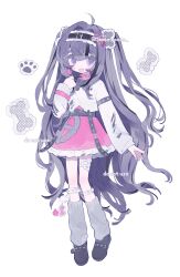 1girl ahoge bandaid belt collar earrings full_body hair_ornament hair_ribbon hairband hand_up highres jewelry long_hair long_sleeves loose_socks mask_pull memuro original pink_skirt purple_eyes purple_hair ribbon shirt skirt socks standing two_side_up
