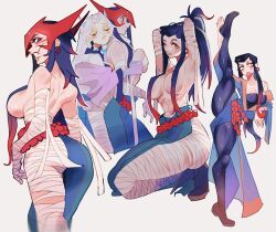 2girls :o ass bandaged_leg bandages black_hair black_pantyhose breasts earrings genderswap genderswap_(mtf) highres hoop_earrings horns hug hug_from_behind jewelry large_breasts league_of_legends long_hair multiple_girls one_eye_closed pantyhose seiza sitting split standing standing_on_one_leg standing_split teeth uwuhelia white_hair yone_(league_of_legends) yuri